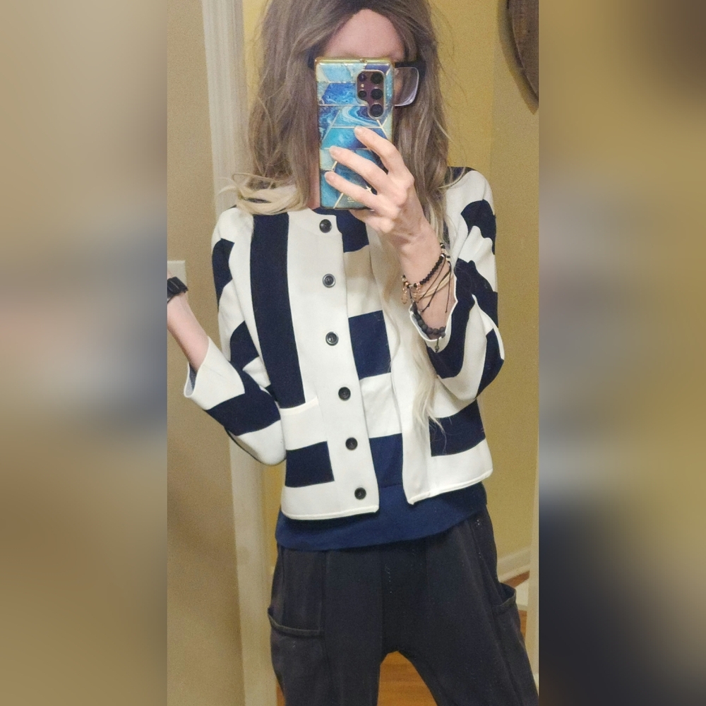 Ann Taylor Nautical Blue White Stripe Knit Cardigan